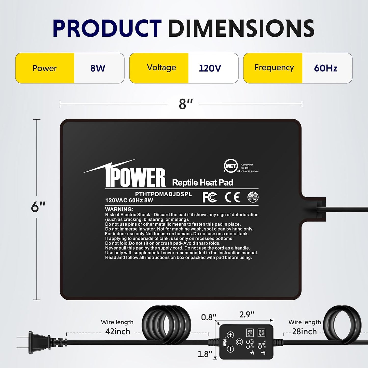 iPower 6 by 8 Inch 8W Reptile Heating Pad with Adjustable Thermostat, Under Tank Warmer Terrarium Heat Mat for Turtles/Snakes/Lizards/Frogs, and Other Reptiles