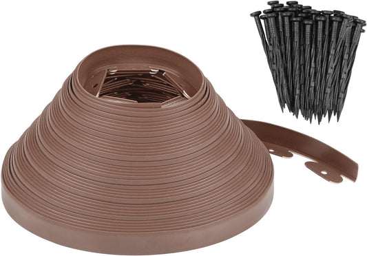Garden Edging - 100 Feet Plastic Landscaping Edging Border with 93 Pack Spikes Apply to Flower Beds/Grass Lawn/Yard (1.57Inches Tall, Brown)