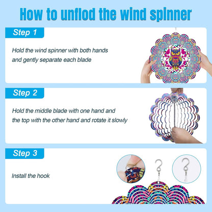 Wind Spinners Outdoor, Owl Metal 3D Hanging Garden Decor, 12-inch Stainless Steel Wind Spinner with Tail Spinner, Wind Sculptures for Patio Lawn Yard, Ornament Gift for Women/Men