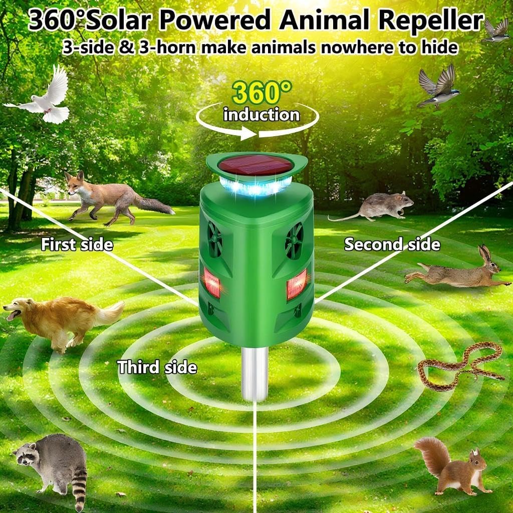 360°Solar Ultrasonic Animal Repellent, Deer Repellent Devices Cat Repellent Outdoor, Waterproof Squirrel Raccoon Rabbit Skunk Dog & Bird Deterrent with Motion Sensor & Flashing Light for Garden Yard