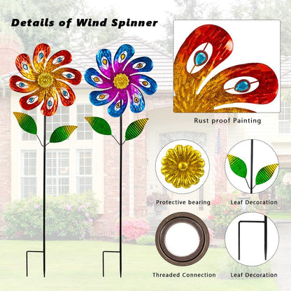 2 Packs Wind Spinners Outdoor, Metal Wind Sculptures & Spinners with Stake, Colorful Flower Windmill for Yard Patio Lawn Garden Decor, 36 x 9 Inches