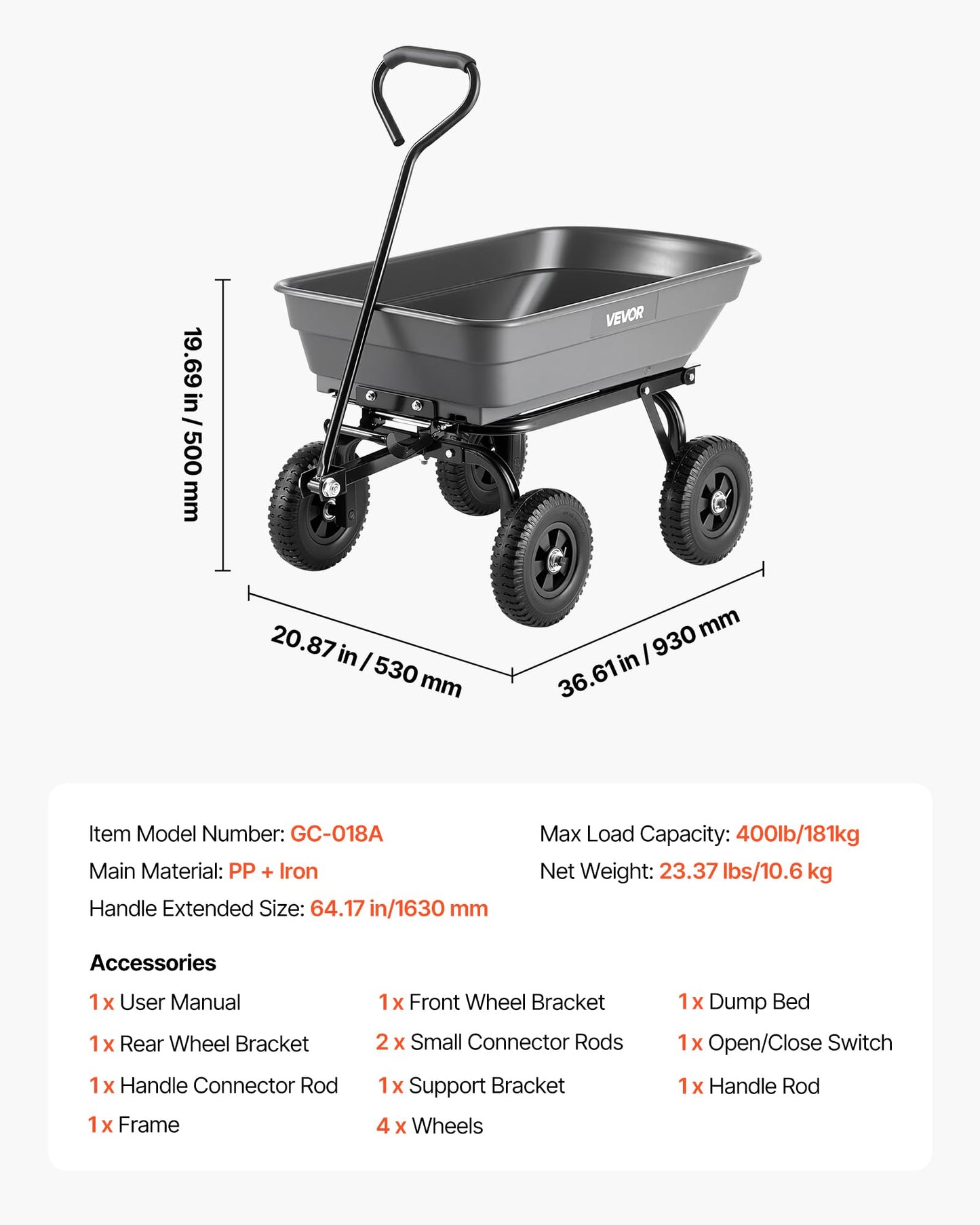 VEVOR 400LBS Wheelbarrow, Poly Garden Dump Cart Wagon with 8" Flat Free Tires, Heavy Duty Wheel