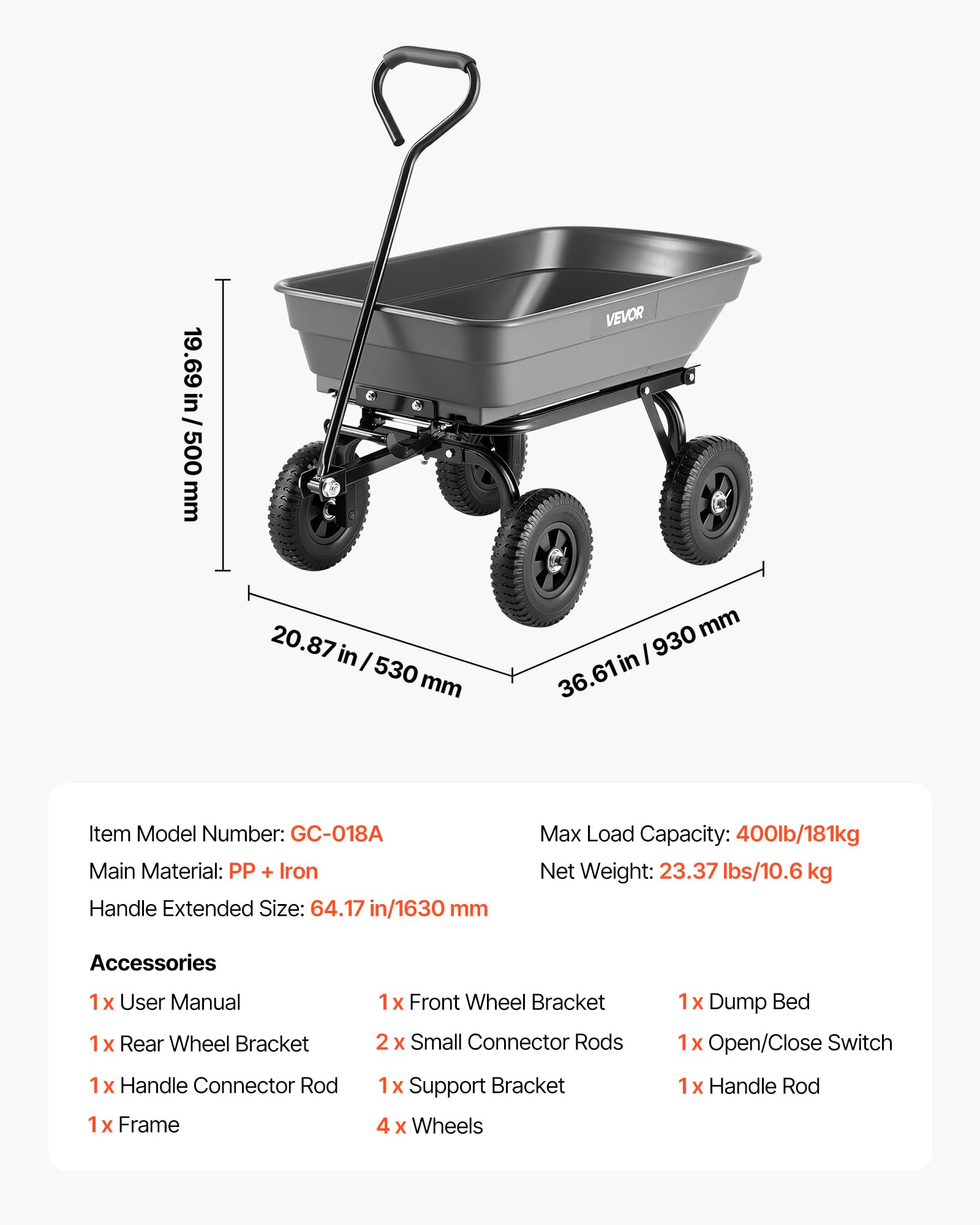 VEVOR 400LBS Wheelbarrow, Poly Garden Dump Cart Wagon with 8" Flat Free Tires, Heavy Duty Wheel