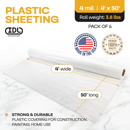 Plastic Sheeting 4 mil, 4' x 50' (200 sq.ft.), Pack of 6 - Thick Semi-Clear Plastic Sheeting for Construction, Painting, Drop Cloth, Slide&Slip - Heavy Duty LDPE Film Roll by IDL Packaging