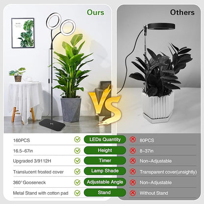 Full Spectrum Grow Light with Stand for Indoor Plants, Floor Plant Light, 3/9/12H Timer, 3 Color Modes, Adjustable Height 16.5–67in, for Large Plants & Home Décor(2 Heads)