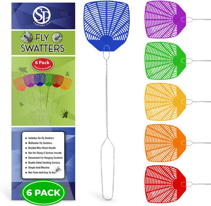 Supreme Bug & Fly Swatter 6-Pack – Braided Metal Handle 6 Pack Fly Swatters, Multi Pack Colors, – for Indoor/Outdoor – Flyswatter (21 inch- Set of 6)