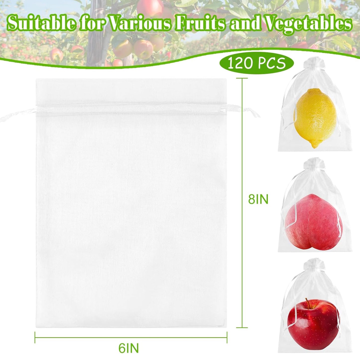 Morcheiong 120Pcs Fruit Protection Bags 6" x 8", Garden Netting Mesh Bags with Drawstring, Reusable Fruit Netting Bags for Fruit Trees (White)