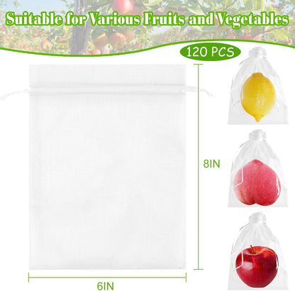 Morcheiong 120Pcs Fruit Protection Bags 6" x 8", Garden Netting Mesh Bags with Drawstring, Reusable Fruit Netting Bags for Fruit Trees (White)