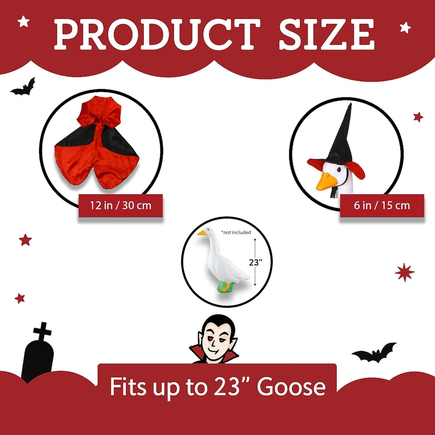 Lawn Goose Outfit – Glossy Cape & Adjustable Hat for 23″ Goose Statue – Halloween & Vampire & USA Flag Costume
