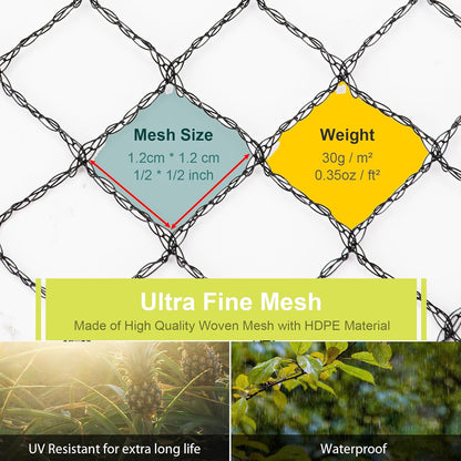 Bird Netting for Garden, 49 x 49FT Heavy Duty Anti Bird Netting Mesh with Ties and Landscape Staples for Vegetable, Fruit Trees & Other Plants, Lasting Against Birds Squirrels and Poultry, Black