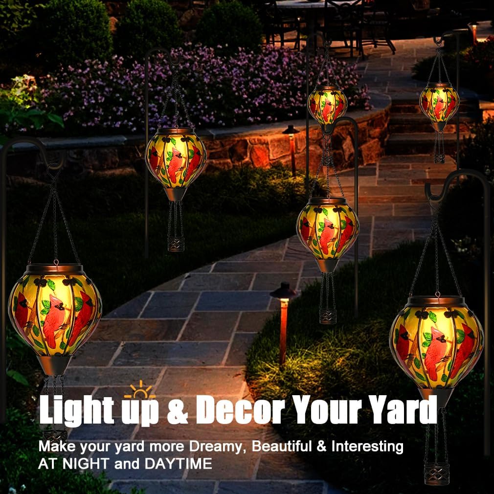 Hot Air Balloon Solar Lantern - Cardinal Bird Glass Lantern, Simulated Flickering & Dancing Flame, Outdoor Hanging Yard Light Waterproof IP65 for Patio Lawn Porch Decor Gift