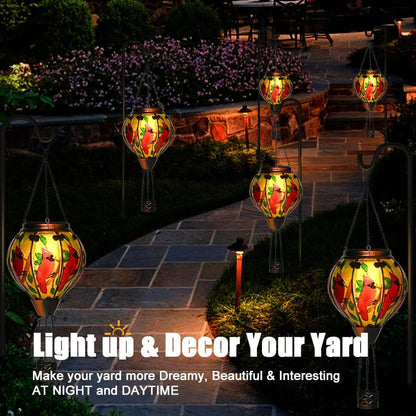 Hot Air Balloon Solar Lantern - Cardinal Bird Glass Lantern, Simulated Flickering & Dancing Flame, Outdoor Hanging Yard Light Waterproof IP65 for Patio Lawn Porch Decor Gift