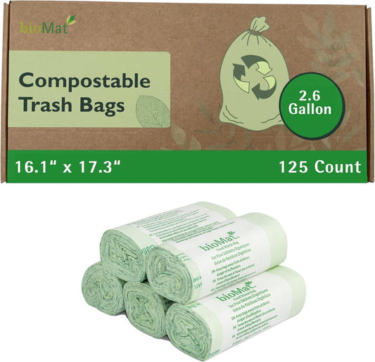 bioMat 2.6 Gallon Compostable Trash Bags, 125 Count, Compost Bags for Countertop Bins, BPI ASTM