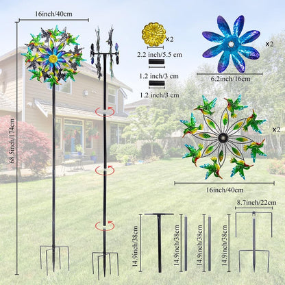 Hummingbird Wind Spinner, Metal Outdoor Wind Sculptures & Spinners, 68.5 Inch Double Windmill Spinner for Yard Lawn Garden Decor