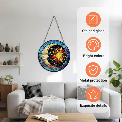 Sun and Moon Suncatcher Stained Glass Window Hanging | 8" Round Vibrant Sun Catchers Indoor Window & Wall Art Decor | Stain Glass Panel Gift for Women | Birthday & Housewarming Gifts