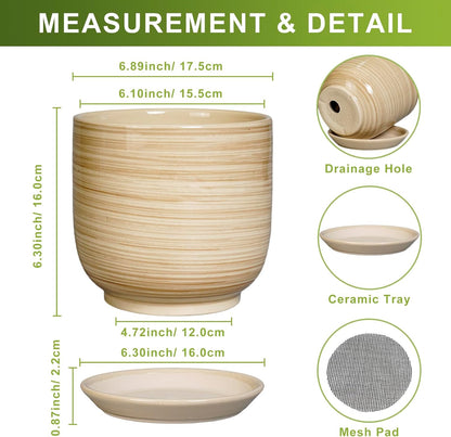 Ceramic Planter for Indoor Plants 7 Inch - Cylinder Modern Indoor Plant Pot with Drainage Hole and Saucer, Home Patio Office Bathroom Decor, Yellow