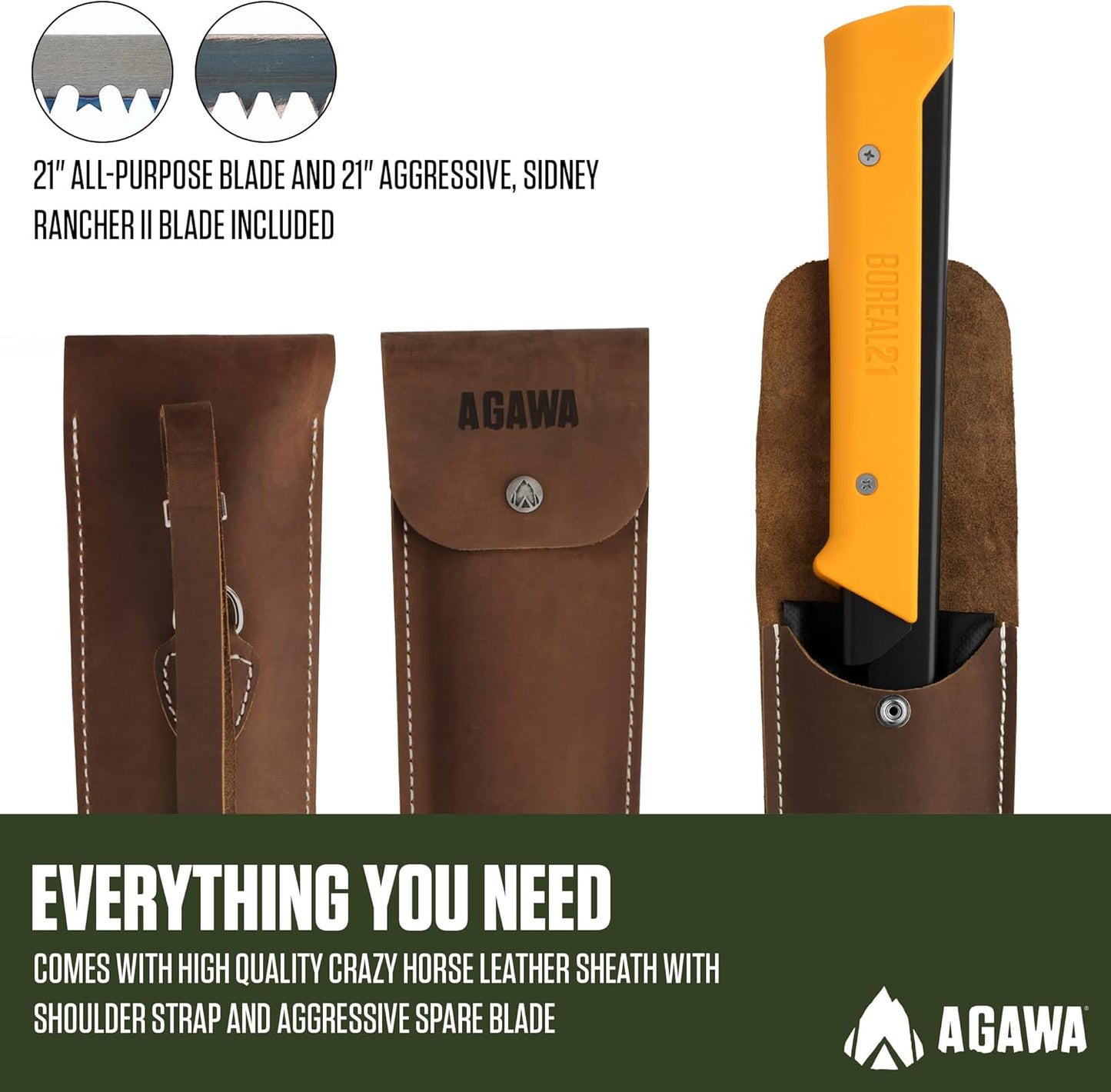 AGAWA - BOREAL21 Backwoods Kit - Includes 21" Folding Saw, Leather Sheath, 21" All-Purpose & 21" Aggressive Saw Blade - For Camping, Hunting & Survival Kit (Black Frame/Yellow Handle)