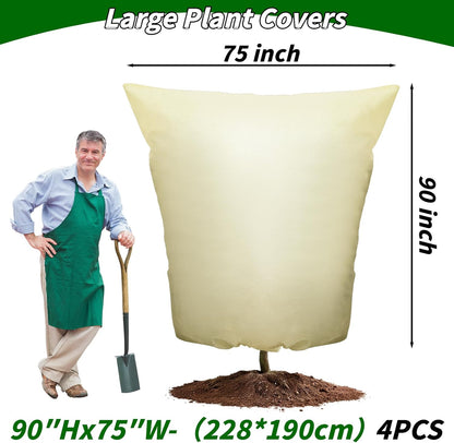Plant Covers Freeze Protection: 4 Pack 90Hx75W Inch Large Heavy Duty Frost Cloth with Zipper Drawstring, 2.2oz/yd² Frost Blankets for Outdoor Plants, Shrub Trees, Winter & Garden, Beige