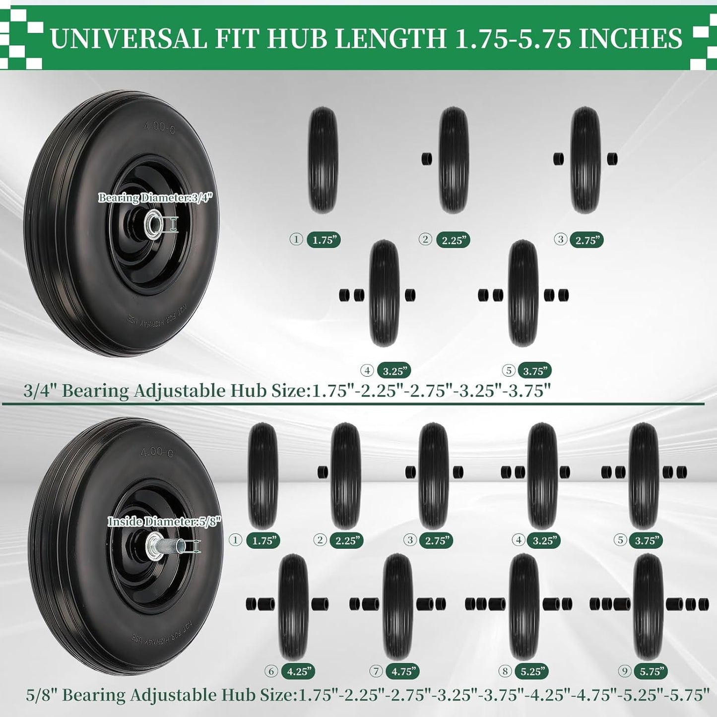 RRQ 4.00-6 Flat Free Tire and Wheel, 13" Solid Wheelbarrow Tire with 1.75" Centered Hub and 3/4" Bearings(Come with 5/8" ID Iron Tube Adapter), for Garden Cart, Trolley, Wheelbarrow Wheel Replacement