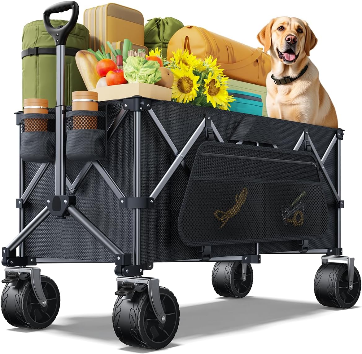 Wagons Carts Foldable Heavy Duty,440lbs Capacity & 350L Collapsible Utility Cart with Big All Terrain Wheels for Beach, Garden, Camping, Grocery Coal Black