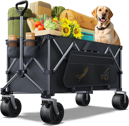 Wagons Carts Foldable Heavy Duty,440lbs Capacity & 350L Collapsible Utility Cart with Big All Terrain Wheels for Beach, Garden, Camping, Grocery Coal Black