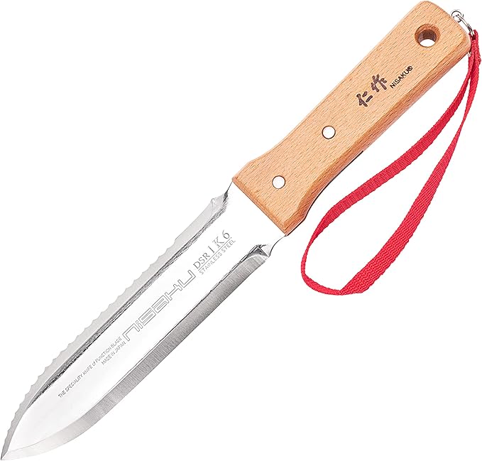 NJP651 Hori Weeding & Digging Knife-Hardened HRC58 Edition, Authentic Tomita (Est. 1960) Japanese Stainless Steel, 7.25" Blade, Wood Handle, w/Premium Leather Sheath