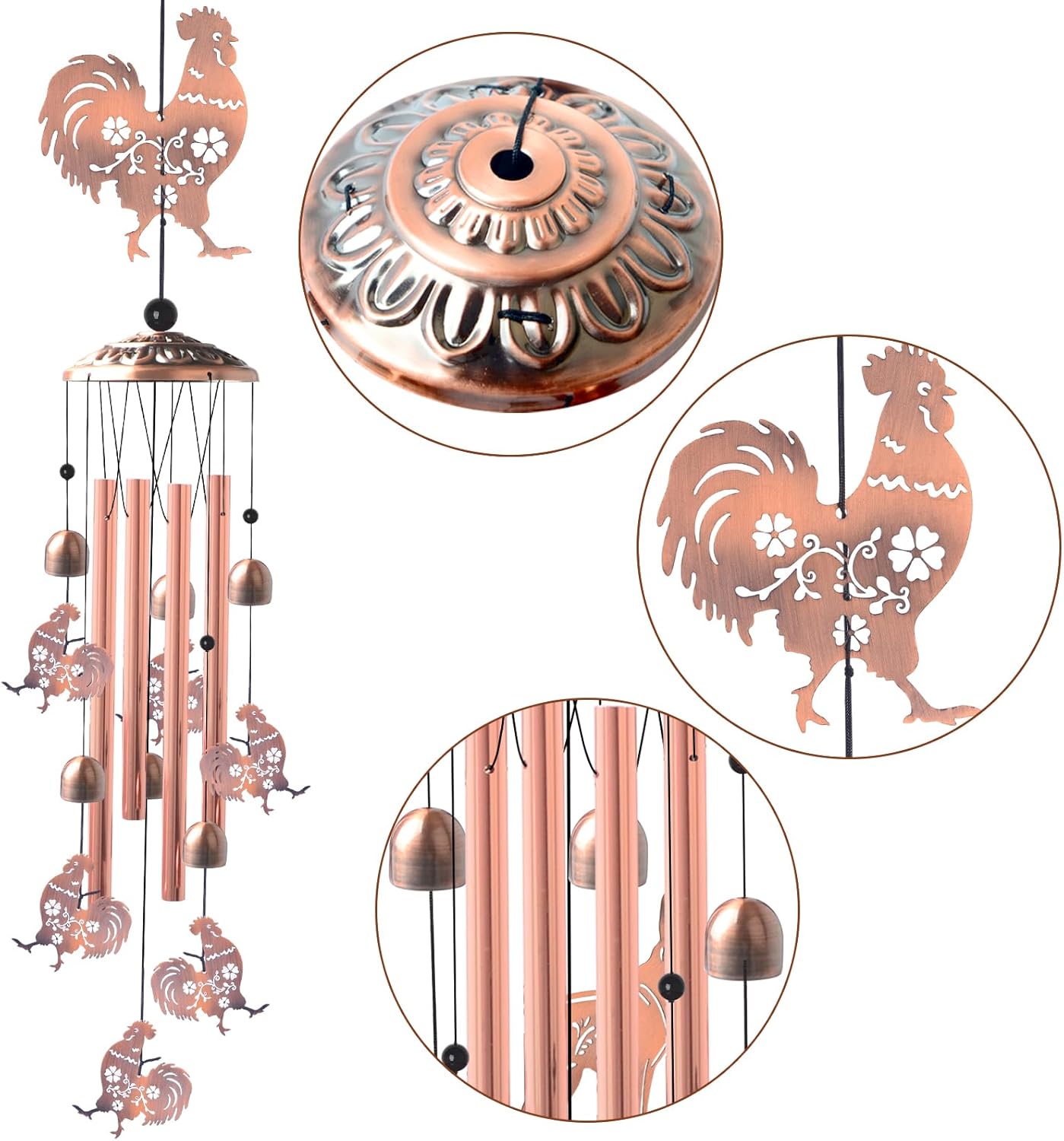 Outside Brass Rooster Wind Chimes – Handcrafted with Deep Melodic Tone, Christmas/Birthday Decor for Garden & Patio Lovers, Unique Housewarming Present for Outdoor Spaces