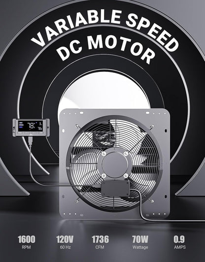 iLiving 16" Wall Mounted Shutter Exhaust Fan, Automatic Shutter, Temperature and Humidity Controls with Variable Speed, 1736 CFM at 1600 RPM DC Motor