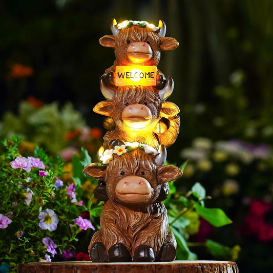 Christmas Highland Cow Statue Solar Outdoor Decor with Flower Decoration Funny Triple Highland Cow