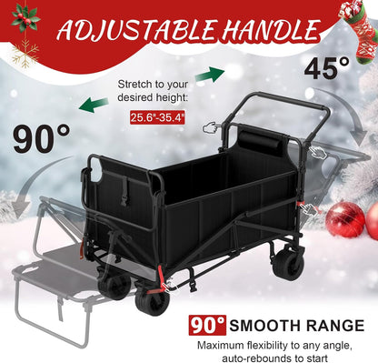 LEVELEVE Heavy Duty Folding Wagon - 2-in-1 Collapsible Cart, 650lb Capacity, All-Terrain Wheels w/Brakes & Side Pockets (Black)