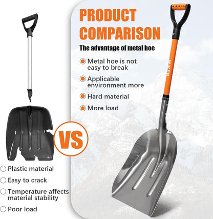 WIKER Aluminum Snow Shovel for Driveway, 45-Inch Large Capacity Blade, 3.5lbs Lightweight with Fiberglass D-Grip Handle, Heavy Duty Metal Snow Removal Tool for Home and Garden