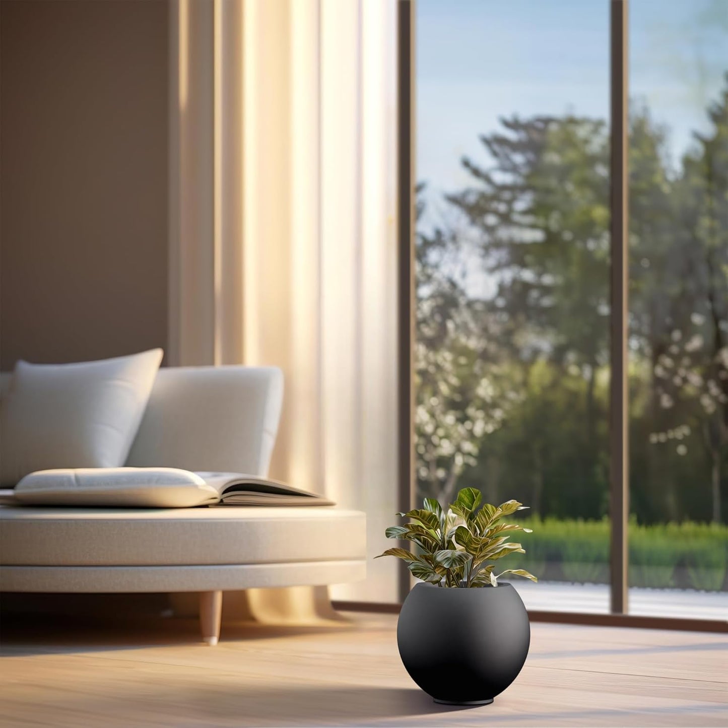Kante Round Concrete Flower Pot, 11 Inch Dia (7.9" Opening) Sphere Shape Design Planter with Drainage Hole and Rubber Plug for Indoor & Outdoor Plants, Black Finish with Warm Brown Interior