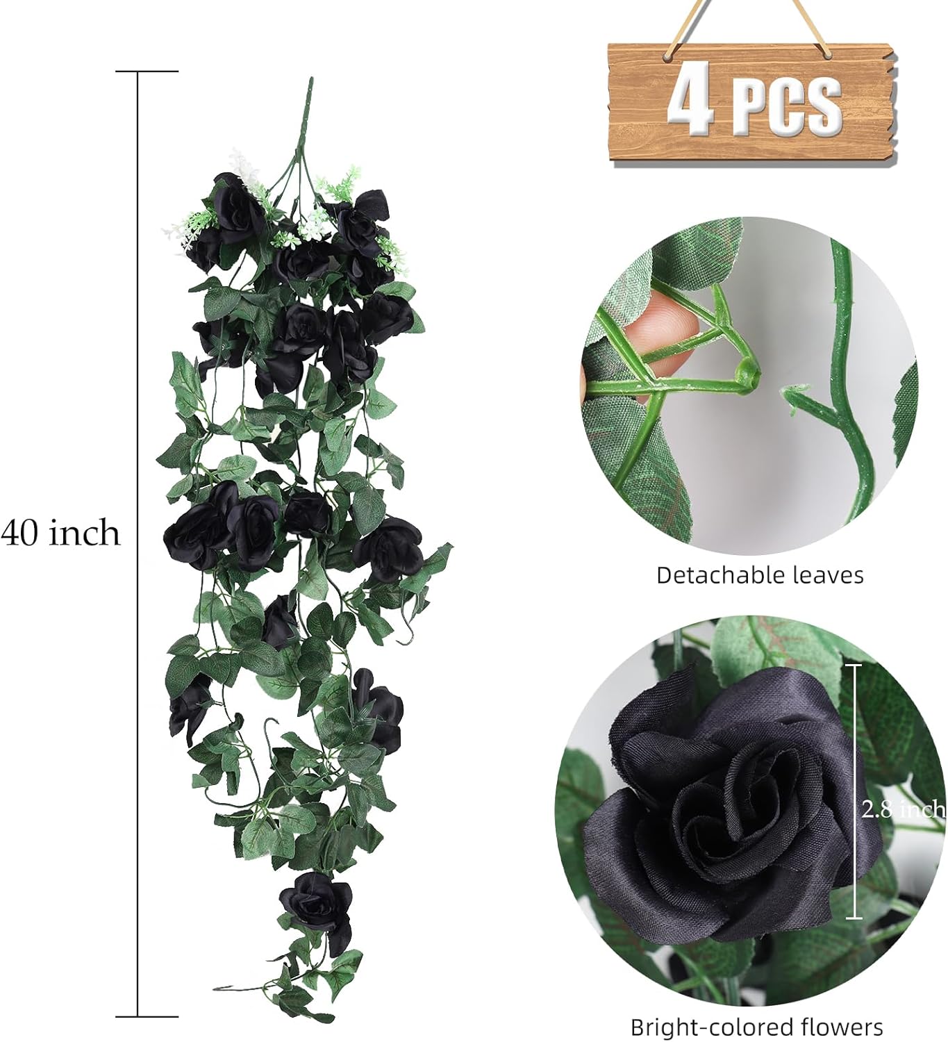 RECUTMS Artificial Rose Vine Hanging Plants 4Pieces 3.3Ft Flowers for Home Room Garden Wedding Indoor Outdoor Decoration (Black)