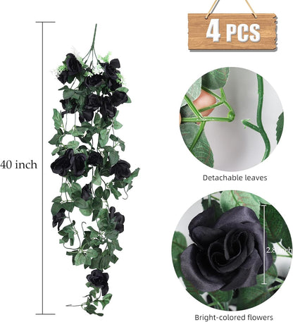 RECUTMS Artificial Hanging Rose Flower 4Pieces 3.3Ft Flowers for Outdoors with 30 LED Fairy String Lights Fake Indoor Wall Wedding (Black)