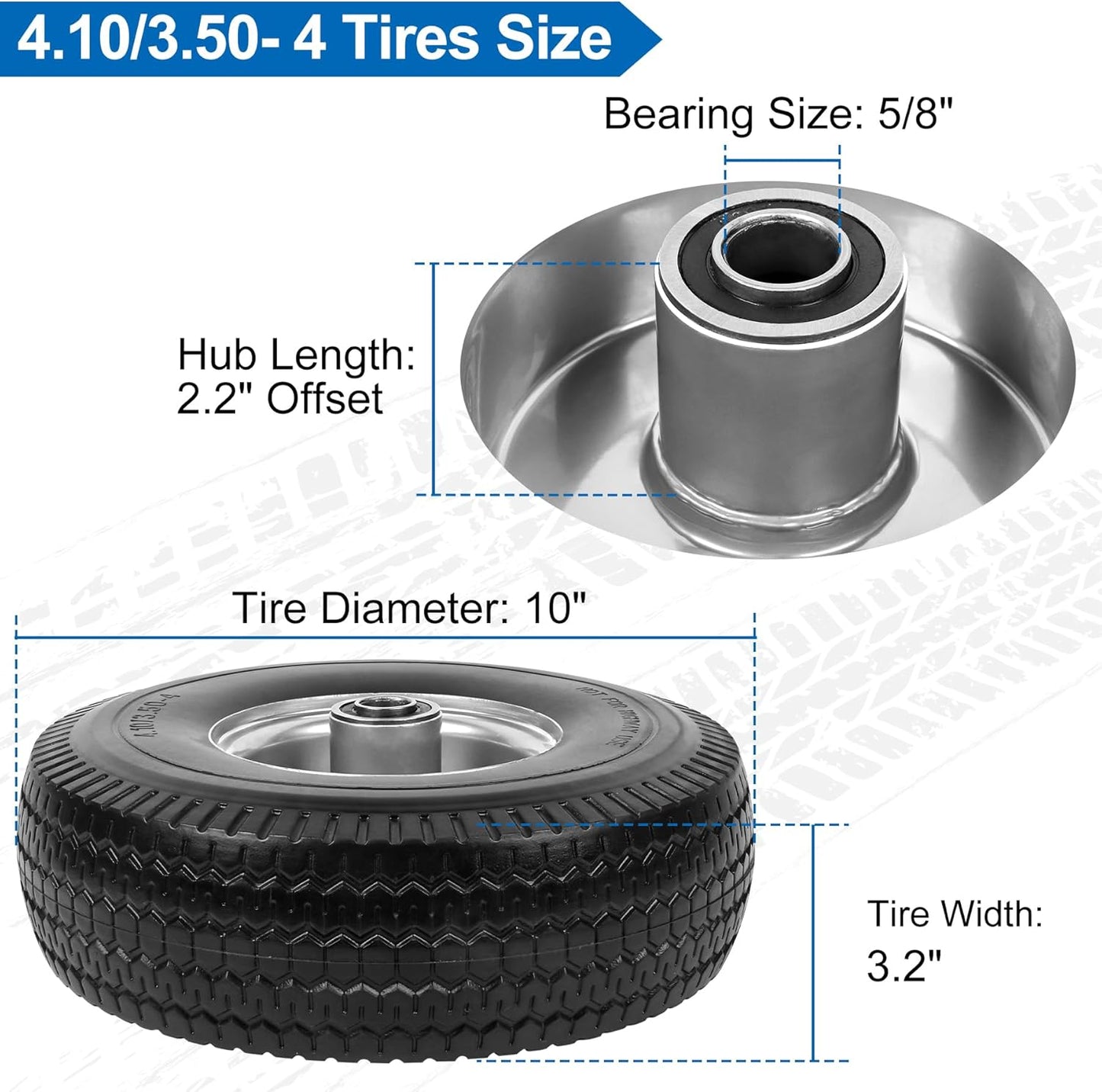 4.10/3.50-4" Flat Free Tires, 10 Inch Solid Tires and Wheels Replacement with 5/8" Axle Bore Hole, 2.2" Offset Hub for Hand Truck, Garden Cart, Lawn Cart, Wheelbarrow, 2 Pack