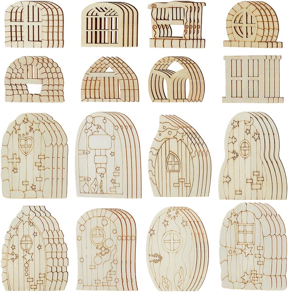 128 Pcs Fairy Doors, 16 Styles Wooden Miniature Garden Door Unfinished DIY Blank Windows for Miniature Fairy Room Decorations