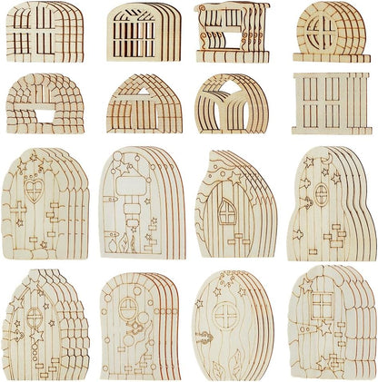 128 Pcs Fairy Doors, 16 Styles Wooden Miniature Garden Door Unfinished DIY Blank Windows for Miniature Fairy Room Decorations