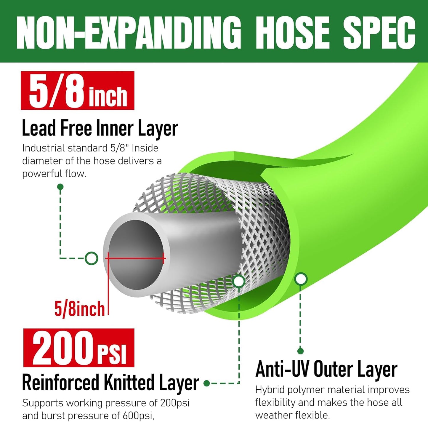 Garden Hose 50 ft x 5/8", NON-EXPANDING Flexible Water Hose, Kink Resistant Lightweight Hybrid Hose, Leakproof Yard Hose with Male to Female Fittings