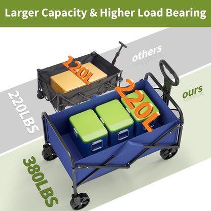 Collapsible Wagon Cart 380Lbs Capacity, Foldable Utility Portable Beach Wagon with All-Terrain Wheels, Adjustable Handle & Drink Holders, Carts with Wheels for Grocery, Camping, Shopping, Garden Cart