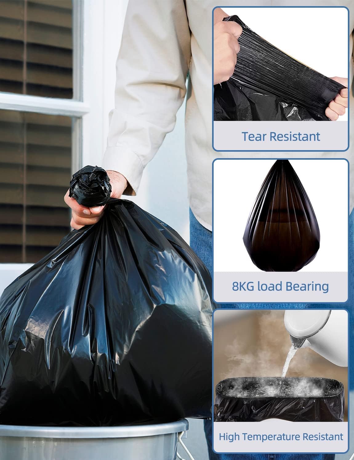 Kitchen Trash Bags 13 Gallon, 20 Counts, Flag Garbage Bags with No Flaps and No Ties, 60cm*80cm, 16.8g/pcs, Unscented, Black