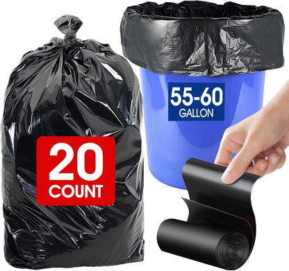 20 Count 55-60 Gallon Trash Bags, Tear-Free Large Black Garbage Bags for Kitchen, Office, Outdoor, Commercial Use, Lawn and Leaf Bags, Lightweight 17 Micron Design for Daily Dry Waste