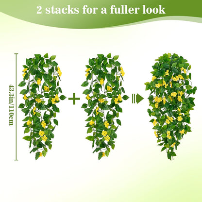BLEUM CADE Artificial Hanging Flowers for Outdoors, 2pcs Fake Hanging Plants Pothos Vines with Yellow Flowers for Wall Home Living Room Indoor Outdoor Decor (No Baskets)