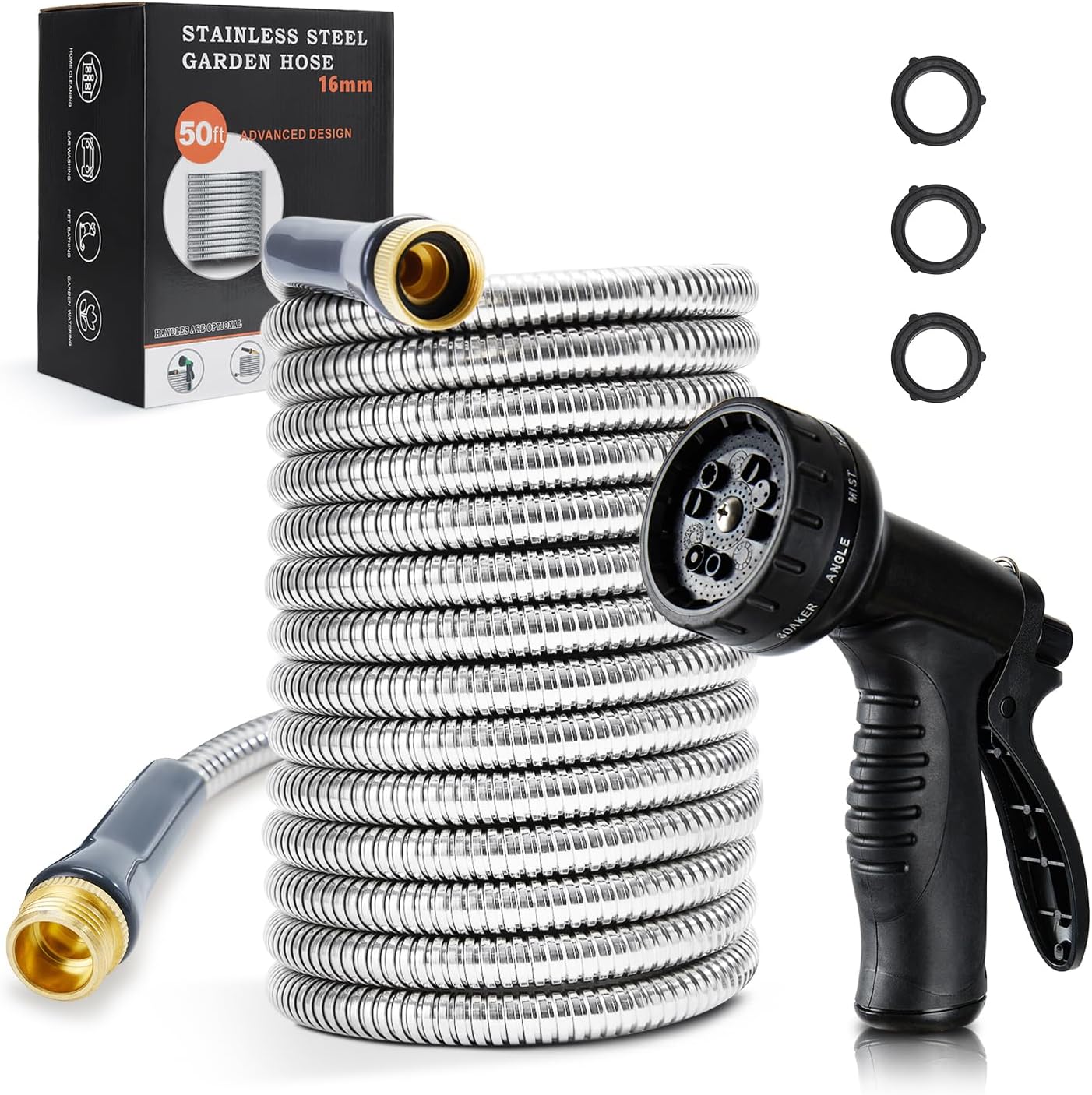 Stainless Steel Garden Hose 50 ft Heavy Duty Metal Water Hoses with 10 Function Water Hose Nozzles for Yard Outdoor