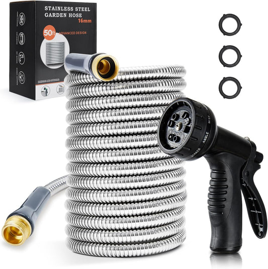Stainless Steel Garden Hose 50 ft Heavy Duty Metal Water Hoses with 10 Function Water Hose Nozzles for Yard Outdoor