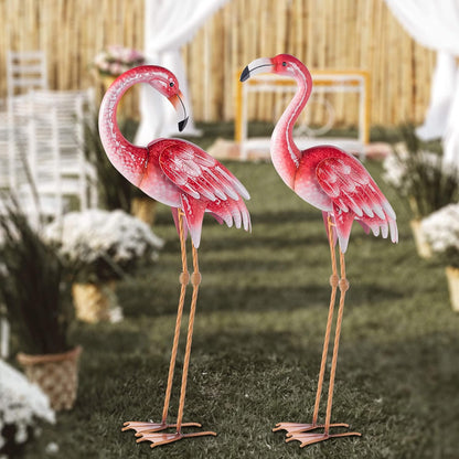 Natelf Pink Flamingo Yard Decorations, Metal Garden Statues and Sculptures, Standing Bird Lawn Ornaments for Patio Backyard Pond Decorations Set of 2