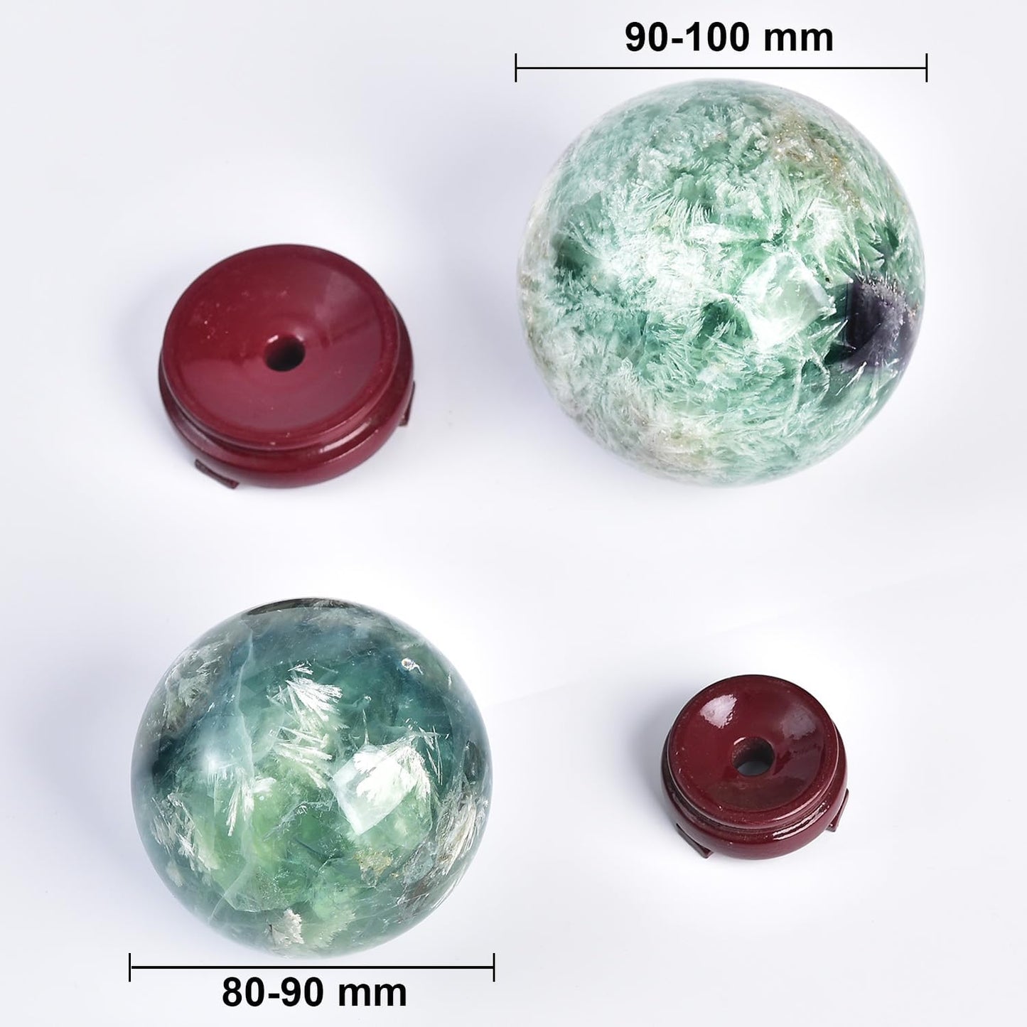 JIC Gem Large Crystal Ball Feather Fluorite Healing Crystals Sphere with Wooden Stand Meditation Home Decor 3.5-4 inch (90-100mm)
