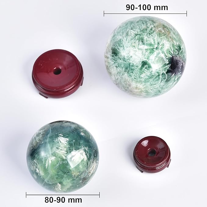 JIC Gem 3.1-3.5 inch(80-90mm) Large Crystal Ball Feather Fluorite Healing Crystals Sphere with Wooden Stand Meditation Home Decor