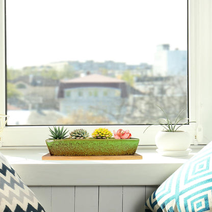 ARTKETTY Succulent Pots, 9.8 Inch Ceramic Succulent Planters with Drainage Small Bonsai Pot with Bamboo Tray, Mini Cactus Flower Planter Pot Shallow Rectangular Window Planters for Indoor Plants