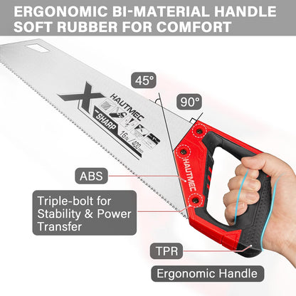 HAUTMEC 16" X-Sharp Universal Hand Saw for Speed, Cuts Quality and Accuracy, Fine-Cut Handsaw with 11 TPI Triple-Ground Teeth and 1mm Thickened Large Blade, Bi-Material Ergonomic Soft Handle – HT0152