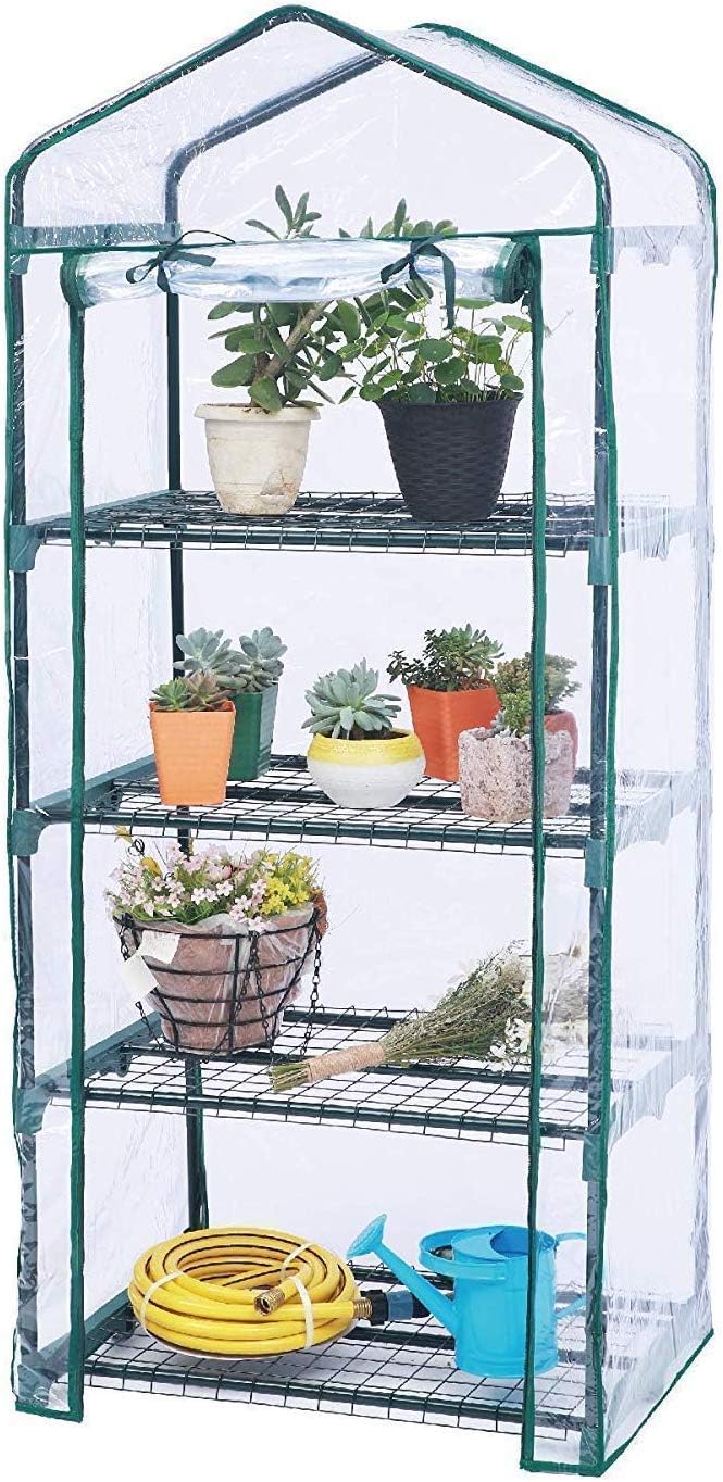 Worth Garden 4 Tier Mini Greenhouse - 63'' H x 27'' L x 19'' W - Sturdy Portable Gardening Shelves with PVC Cover - Small Green House Use in Indoor & Outdoor for Plants Flowers